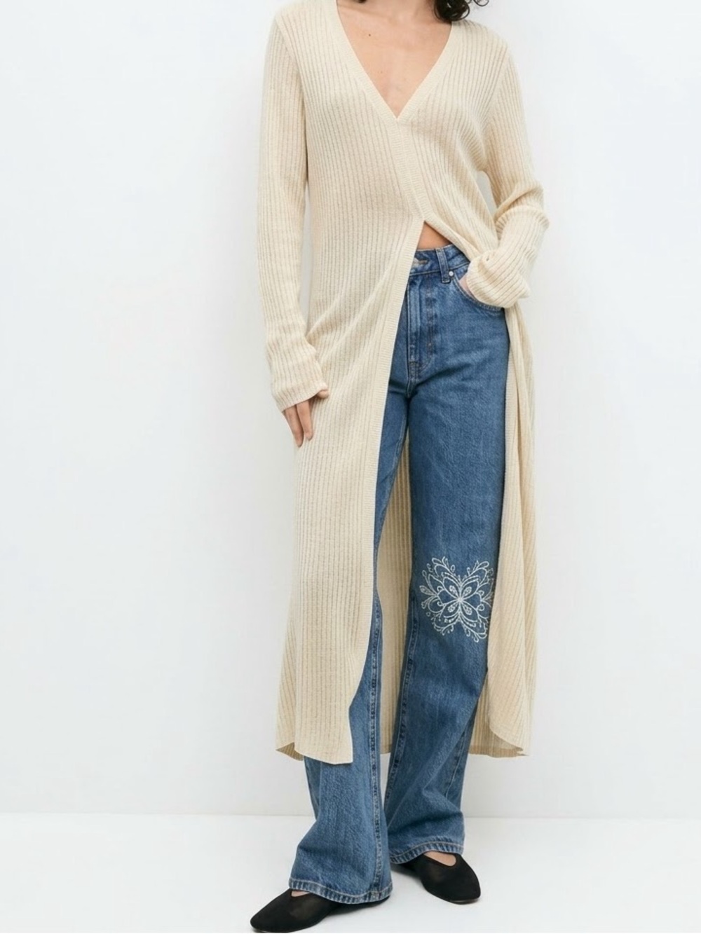 Gina Tricot Soft Knit Button Up V-Neck Longline Duster Cardigan Medium